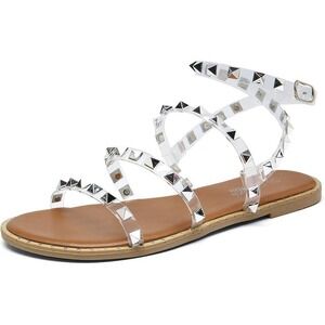 New Katliu Women's US‎ 10 Clear Flat Strappy Studded Gladiator Sandals w/ Ankle